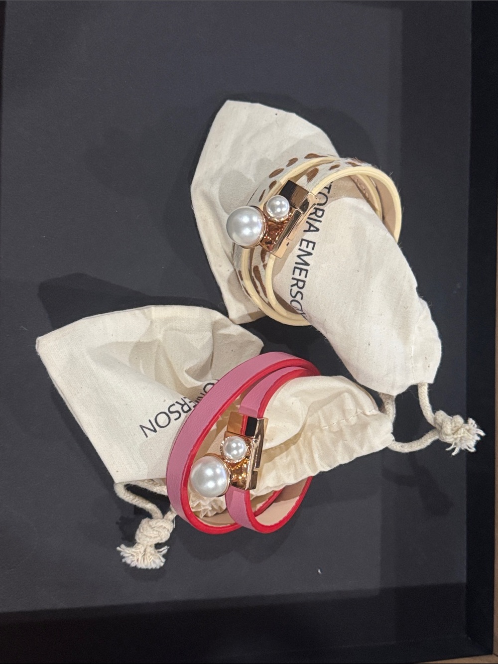 Victoria Emerson Double Wrap Bracelets (2) Pink/Red and Cream/Animal NEW